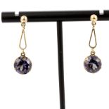 A pair of antique rose metal drop earrings set with round cut amethysts, L 4cm. Minor damage to