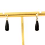 A pair of 9ct yellow gold and onyx set drop earrings, L. 2cm.