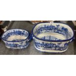 Two Victorian style blue and white porcelain foot baths, largest W. 47cm.