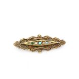 An antique hallmarked 15ct yellow gold brooch set with turquoise and seed pearls, L. 3.7cm. One