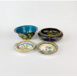 Two Chinese cloisonne bowls, largest Dia. 14cm, together with two Canton enamelled dishes.