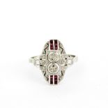 A 9ct white gold (stamped 9k) Art Deco style ring set with diamonds and rubies, (P.5).