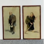 A pair of 1920's Japanese watercolours on fine canvas of an elderly couple, 20 x 37cm. One without