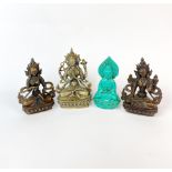 A group of three Tibetan bronze figures of female deity's, tallest 13cm. together with a resin