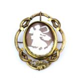 A large Victorian gold plate mounted cameo brooch, L. 8.5cm.