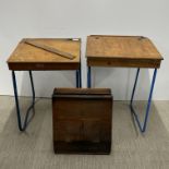 Two vintage school desks together with a school writing slope, largest 70 x 50cm.