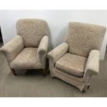 Two armchairs with matching upholstery on castors, largest H. 85cm.