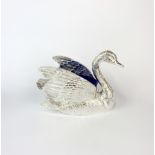 A heavy silver plated and blue glass swan serving dish, H. 12cm. L. 20cm.