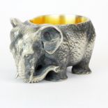 A Russian .84 silver heavy gilt lined elephant salt bowl, L. 5cm, H. 2.8cm.