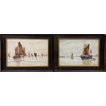 A pair of oak framed watercolours of sailing barges signed F. Shorter, frame size 37 x 27cm.