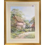 A large gilt framed watercolour of a cottage scene by Hilary Scoffield (British, b.1958), frame size
