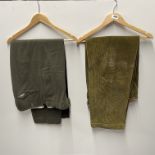 A pair of heavy quality green corduroy trousers, waist size 68cm, together with a pair of green wool