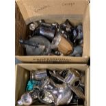 Two boxes of mixed silver plate and metalware.