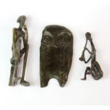 Two bronze Benine style figures, tallest 22cm. together with a bronze owl dish.