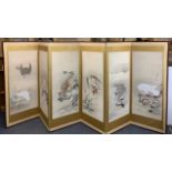 A impressive large six panel wood and paper hand-painted Chinese screen, panel size 64 x 178cm.