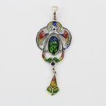 A large 925 silver and enamel Art Nouveau style drop pendant, L. 6.3cm.