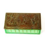 A 19th Century engraved green glass box with cast bronze cover, 15 x 8.5 x 5cm.