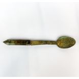 A jade mounted archaic form Chinese bronze spoon, L. 36cm. A/F to handle.