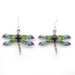 A pair of 925 enamelled silver firefly shaped drop earrings set with oval cut sapphires and