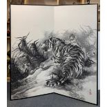 A large Chinese two panel wood and paper hand-painted screen of tigers, panel size 86 x 173cm.