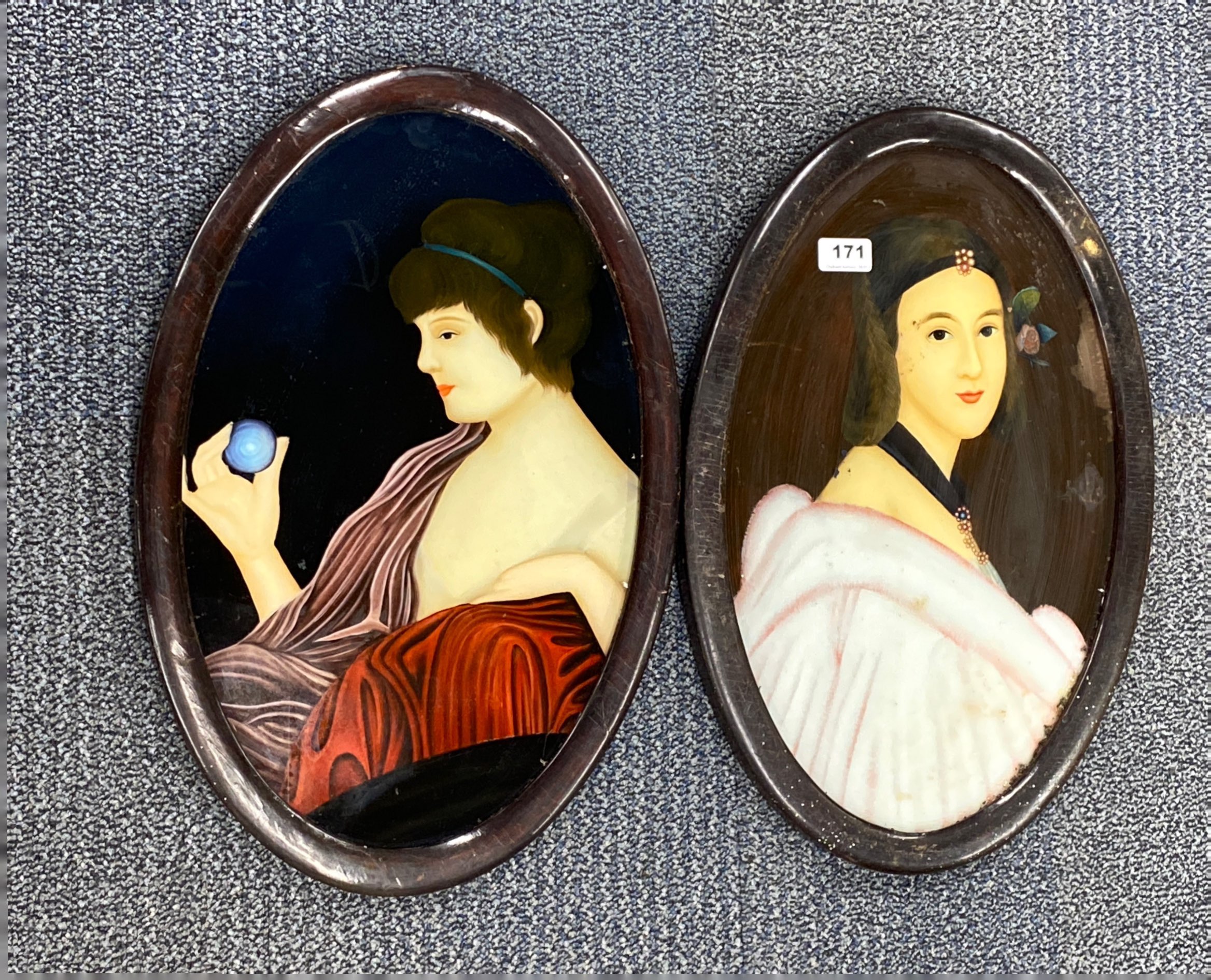 A pair of Chinese reversed painted portraits on glass of young women, frame size 51 x 34cm.