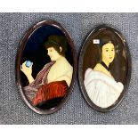 A pair of Chinese reversed painted portraits on glass of young women, frame size 51 x 34cm.