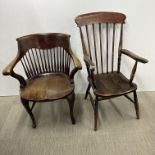 An oak carver chair together with an early 20th C spindle back, tub style oak carver chair,