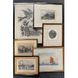 A group of engravings and watercolours, largest 35 x 45cm.