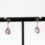A pair of 9ct yellow gold amethyst set drop earrings, L. 2cm.