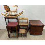 A group of mixed furniture including a child's rocking horse, a commode and various stools and