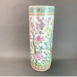 A large Chinese hand enamelled porcelain cylinder vase/umbrella stand, H. 59cm. Crack to rim.