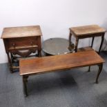 A small mahogany side table with plate glass top together with a two tier inlaid side table, a