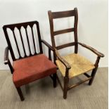 An early 20th C bar back armchair together with a further bar back oak armchair, tallest H. 100cm.