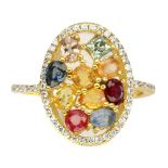 A gold on 925 silver ring set with fancy colour sapphires and white stones, (N.5).