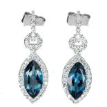 A pair of 925 silver drop earrings set with marquise cut London blue topaz, L. 2.8cm.