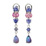 A pair of 925 silver drop earrings set with cabochon cut opals, tanzanites and rubies, L. 3.3cm.