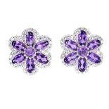 A pair of 925 silver cluster earrings set with oval cut amethysts and white stones, Dia. 1.6cm.