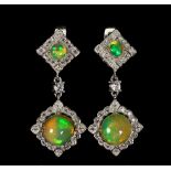 A pair of 925 silver drop earrings set with cabochon cut opals and white stones, L. 3.1cm.