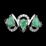 A 925 silver ring set with three pear cut emeralds and white stones, (O).