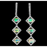 A pair of 925 silver drop earrings set with oval cut opals and white stones, L. 5.5cm.