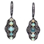 A pair of 925 silver drop earrings set with cabochon cut opals and whtie stones, L. 3.8cm.