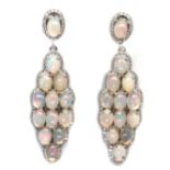 A pair of 925 silver drop earrings set with cabochon cut opals and white stones, L. 4.8cm.