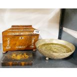 A 19th century mahogany veneered tea caddy with a papier mache and lacquer paint box and two brass