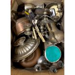 A large box of mixed silver plated copper and brassware.