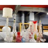 A group of good glassware and two table lamps.