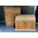 A 19th century brass mounted burr veneered stationery box and desk folder, box W. 24cm.