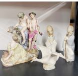 A 19th century German porcelain mythical group figure, H. 22cm (A/F), together with three small