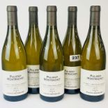 Five bottles of vintage 2013 Puligny Montrachet wine.