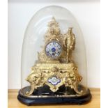 A 19th Century French spelter and porcelain mantle clock under dome, overall H. 48cm.