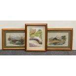 Two framed embroideries and three watercolours, largest 46 x 36cm.